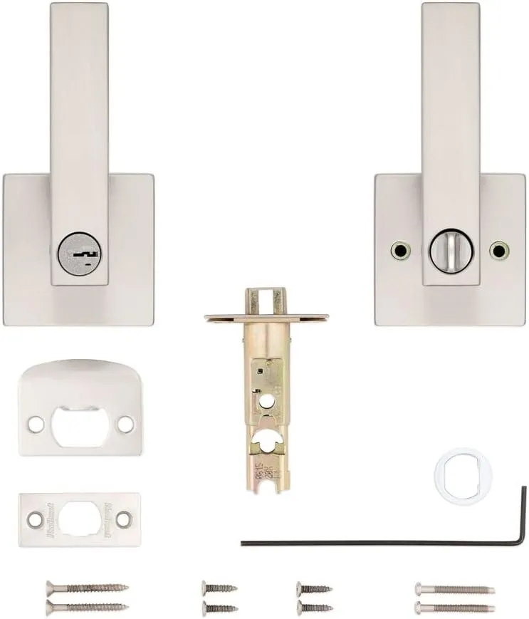 Kwikset Singapore Entry Door Handle with Lock and Key, Secure Keyed Reversible Lever Exterior, For Front Entrance and Bedrooms, Satin Nickel, Pick Resistant Smartkey Rekey Security and Microban
