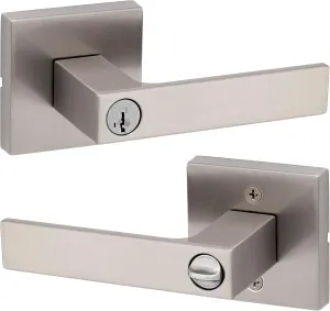 Kwikset Singapore Entry Door Handle with Lock and Key, Secure Keyed Reversible Lever Exterior, For Front Entrance and Bedrooms, Satin Nickel, Pick Resistant Smartkey Rekey Security and Microban