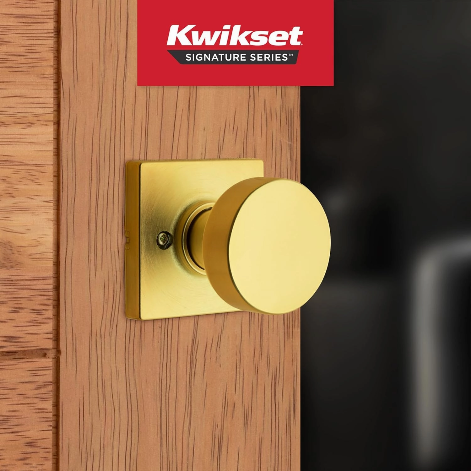 Kwikset Pismo Dummy Door Knob, Single Sided Handle for Closets, French Double Doors, and Pantry, Satin Brass, Square, Non-Turning Interior Push/Pull Door Knob, Microban Protection