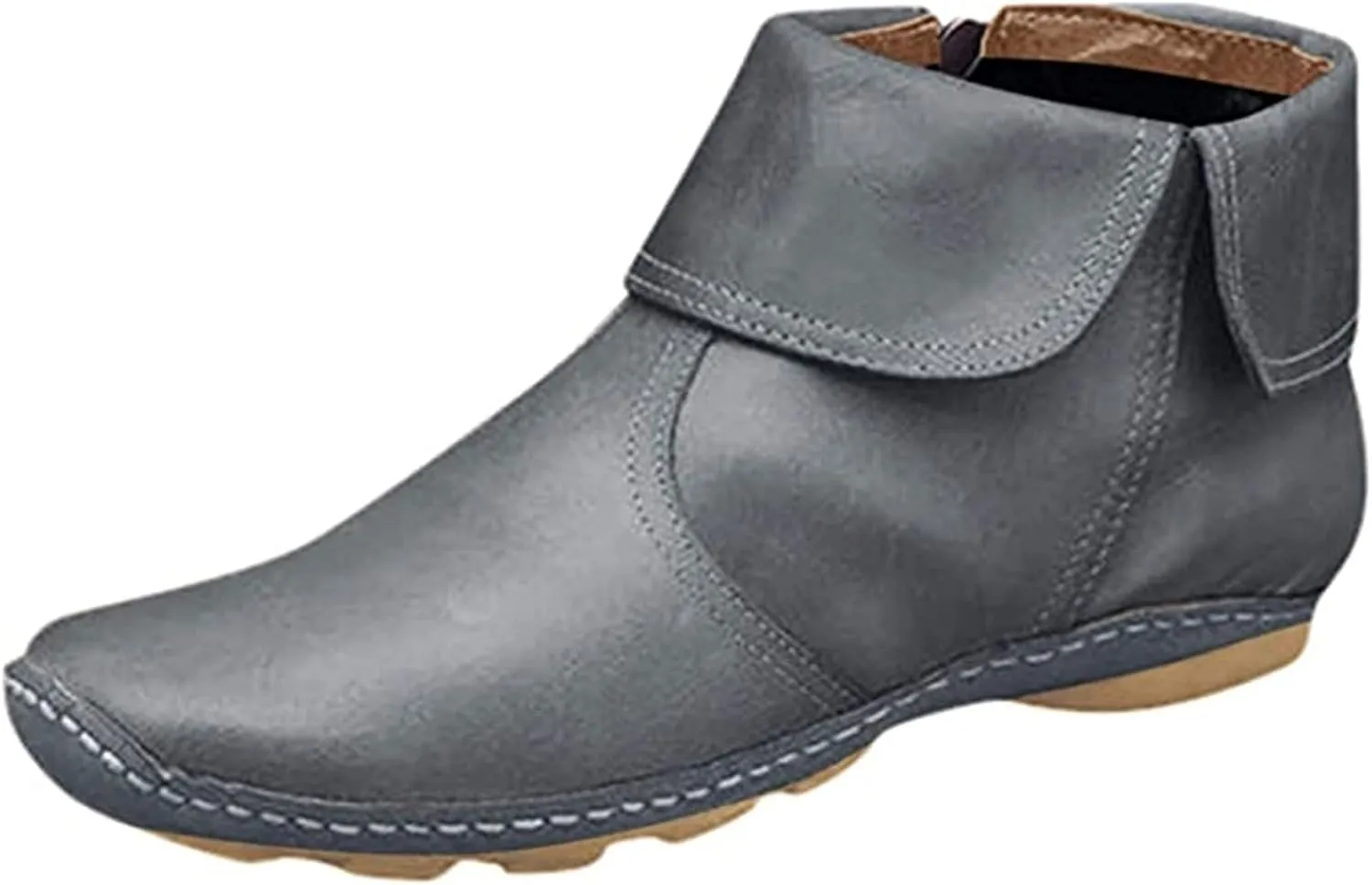 Ladmiple Ankle Boots For Women No Heel Casual Side Zipper Western Cowgirl Cowboy Booties Short Combat Walking Shoes
