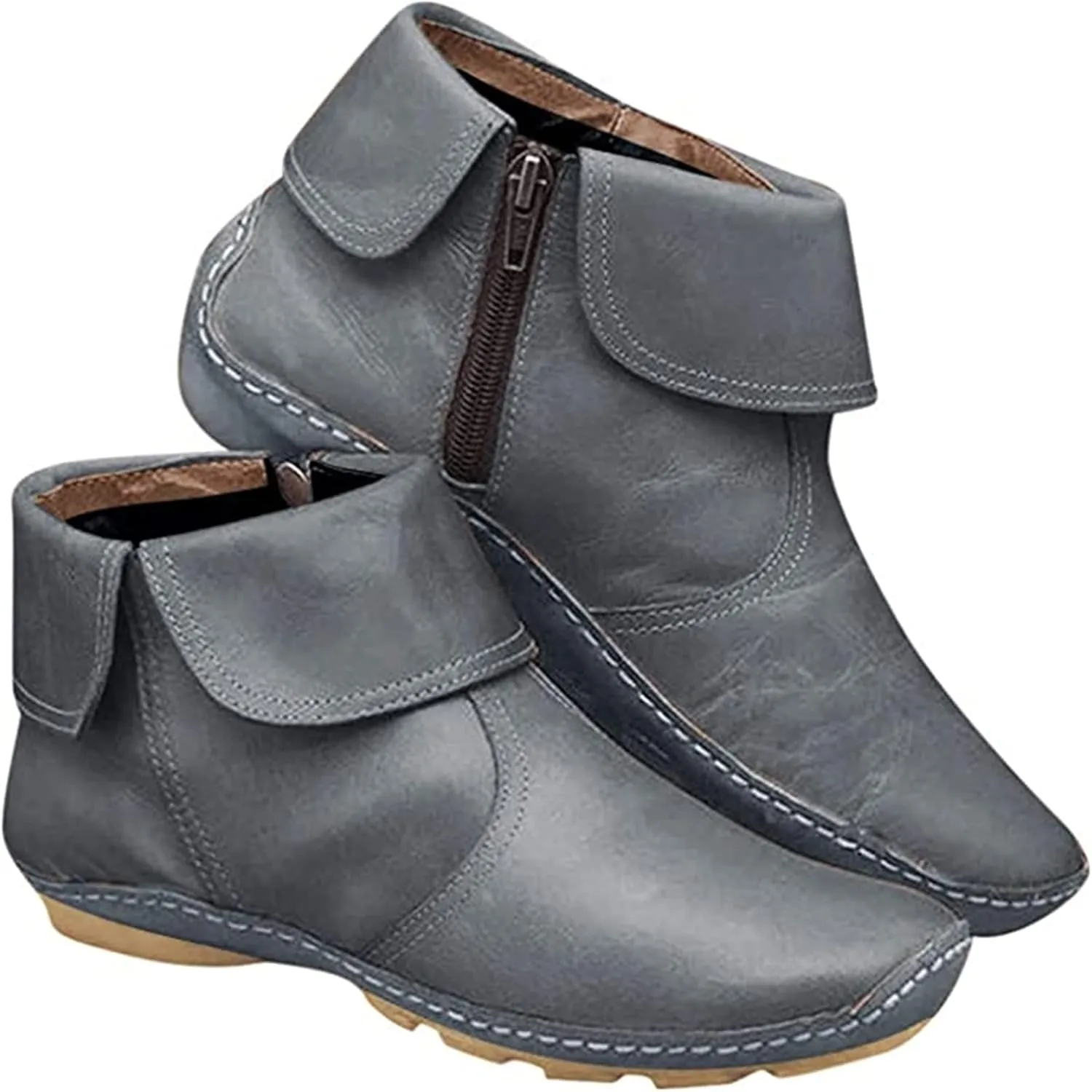 Ladmiple Ankle Boots For Women No Heel Casual Side Zipper Western Cowgirl Cowboy Booties Short Combat Walking Shoes