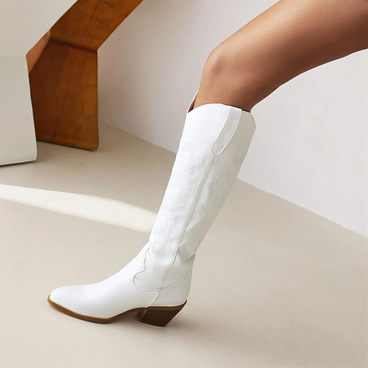 Ladmiple Cowgirl Boots Women Wide Width Cowboy Boots Wide Calf Knee High Embroidery Mid Heel Retro Fashion Boot Pull On