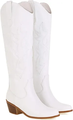 Ladmiple Cowgirl Boots Women Wide Width Cowboy Boots Wide Calf Knee High Embroidery Mid Heel Retro Fashion Boot Pull On