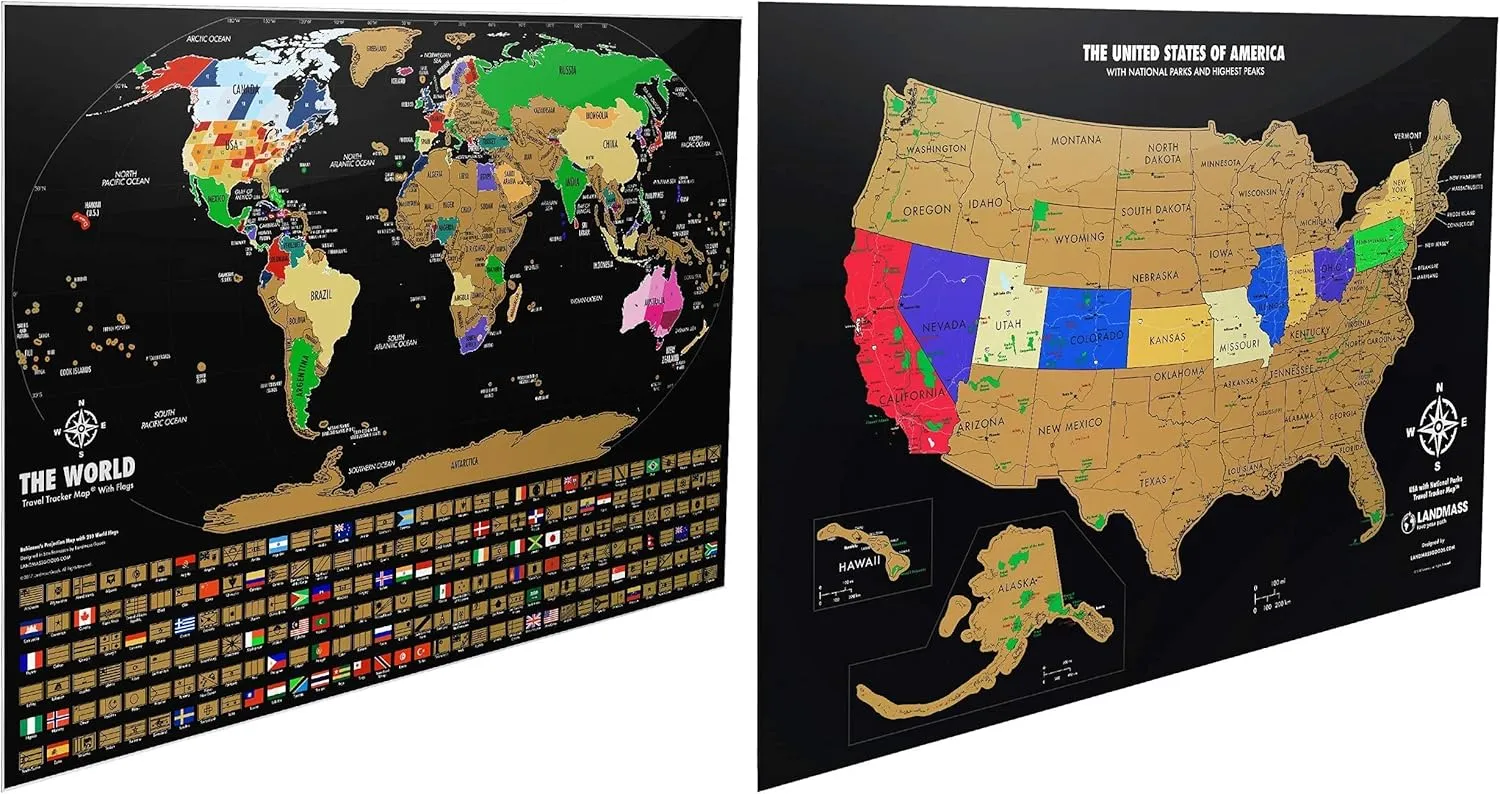Landmass Scratch Off Map Of The World Poster   Scratch Off Map Of The United States - Scratch Off World Map Print - USA Poster - US National Parks - Wall Art - Deluxe Maps - Gift Idea For Travelers