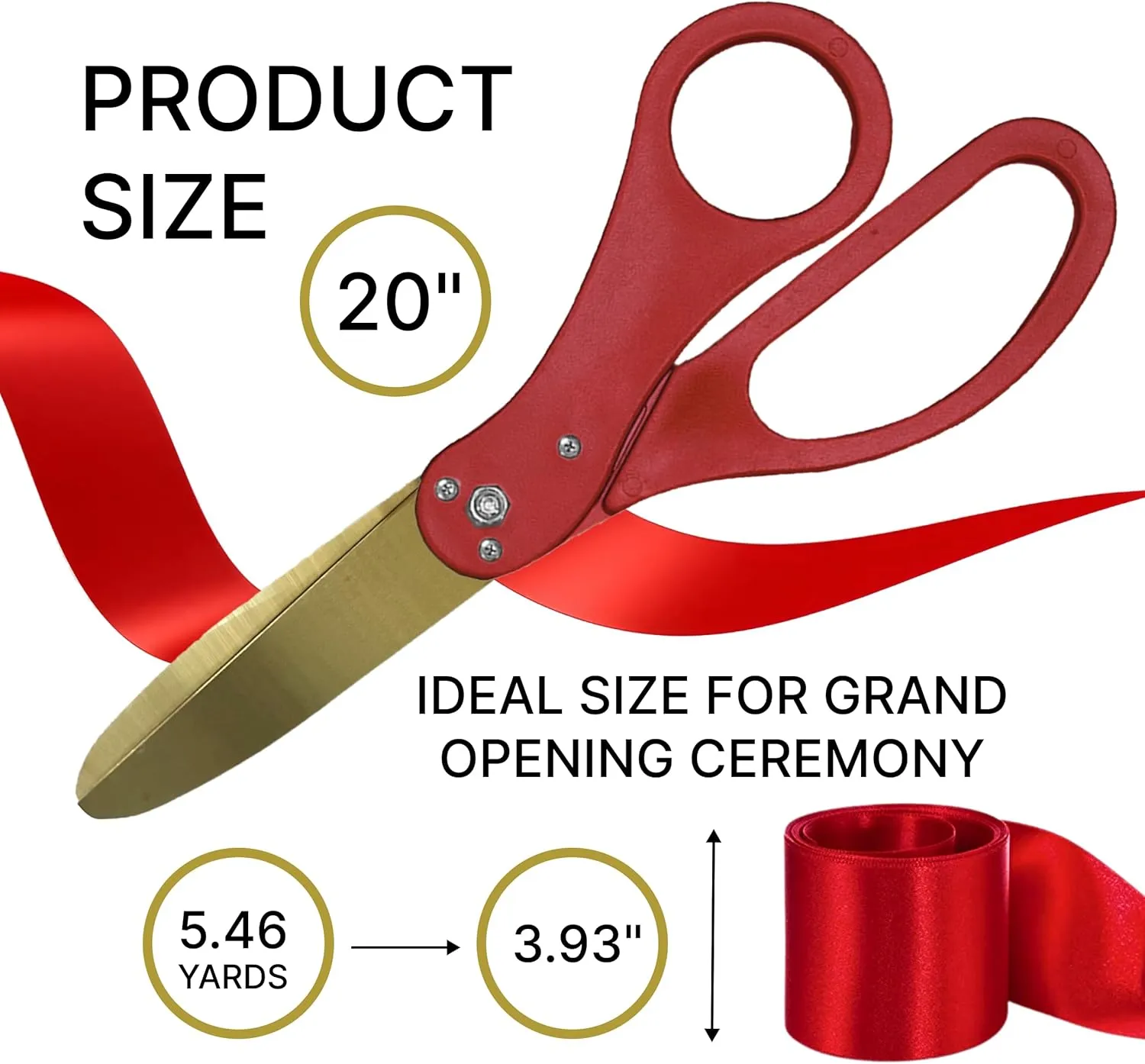 Large Ribbon Cutting Ceremony Kit - Oversize 20 Inch Red Scissors for Ribbon Cutting with Gold Blade and Red Satin Ceremonial Ribbon for Grand Openings and Special Events