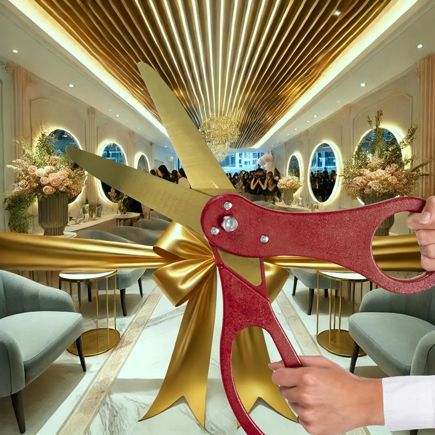 Large Ribbon Cutting Ceremony Kit - Oversize 20 Inch Red Scissors for Ribbon Cutting with Gold Blade and Red Satin Ceremonial Ribbon for Grand Openings and Special Events