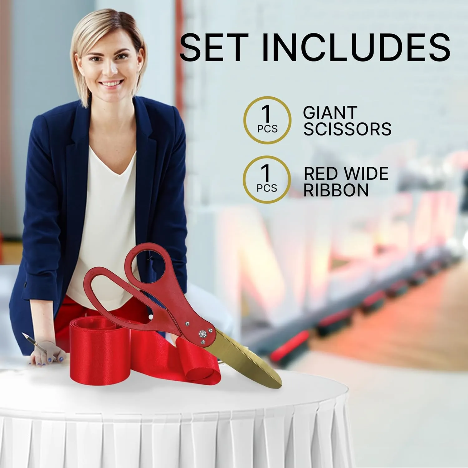 Large Ribbon Cutting Ceremony Kit - Oversize 20 Inch Red Scissors for Ribbon Cutting with Gold Blade and Red Satin Ceremonial Ribbon for Grand Openings and Special Events