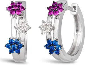 LE VIAN 1/10 Carat Diamond with 1/2 Carat Ruby and Sapphire Flower Hoop Earrings for Women I 14k White Gold (H-I, SI2-SI3, cttw) Patriotic American Flag USA Red White Blue Earrings