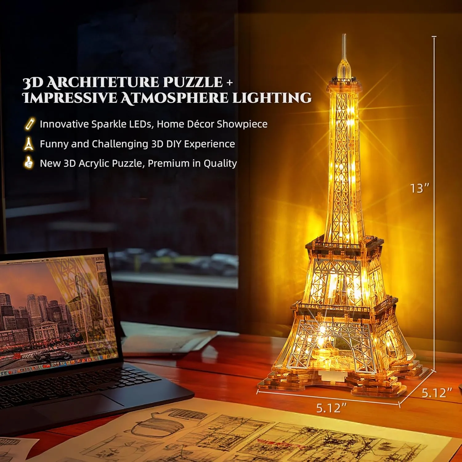 LED 3D Puzzle Eiffel Tower Building Model - 3D Architecture Building Model - Landmark of Paris at Night - 3D Acrylic Puzzle Décor Lamp DIY Ornament Nightlight(Standard,Gold)