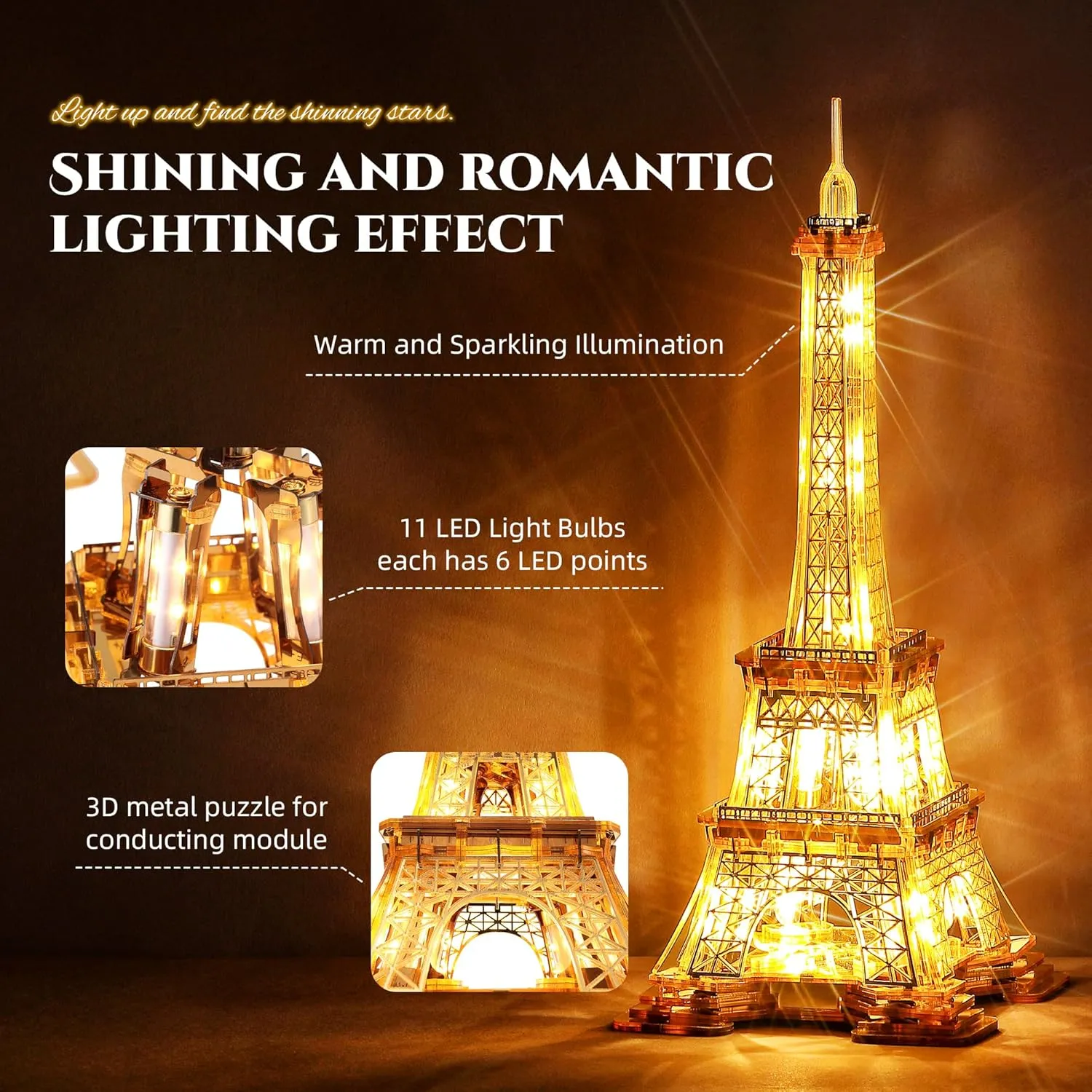 LED 3D Puzzle Eiffel Tower Building Model - 3D Architecture Building Model - Landmark of Paris at Night - 3D Acrylic Puzzle Décor Lamp DIY Ornament Nightlight(Standard,Gold)