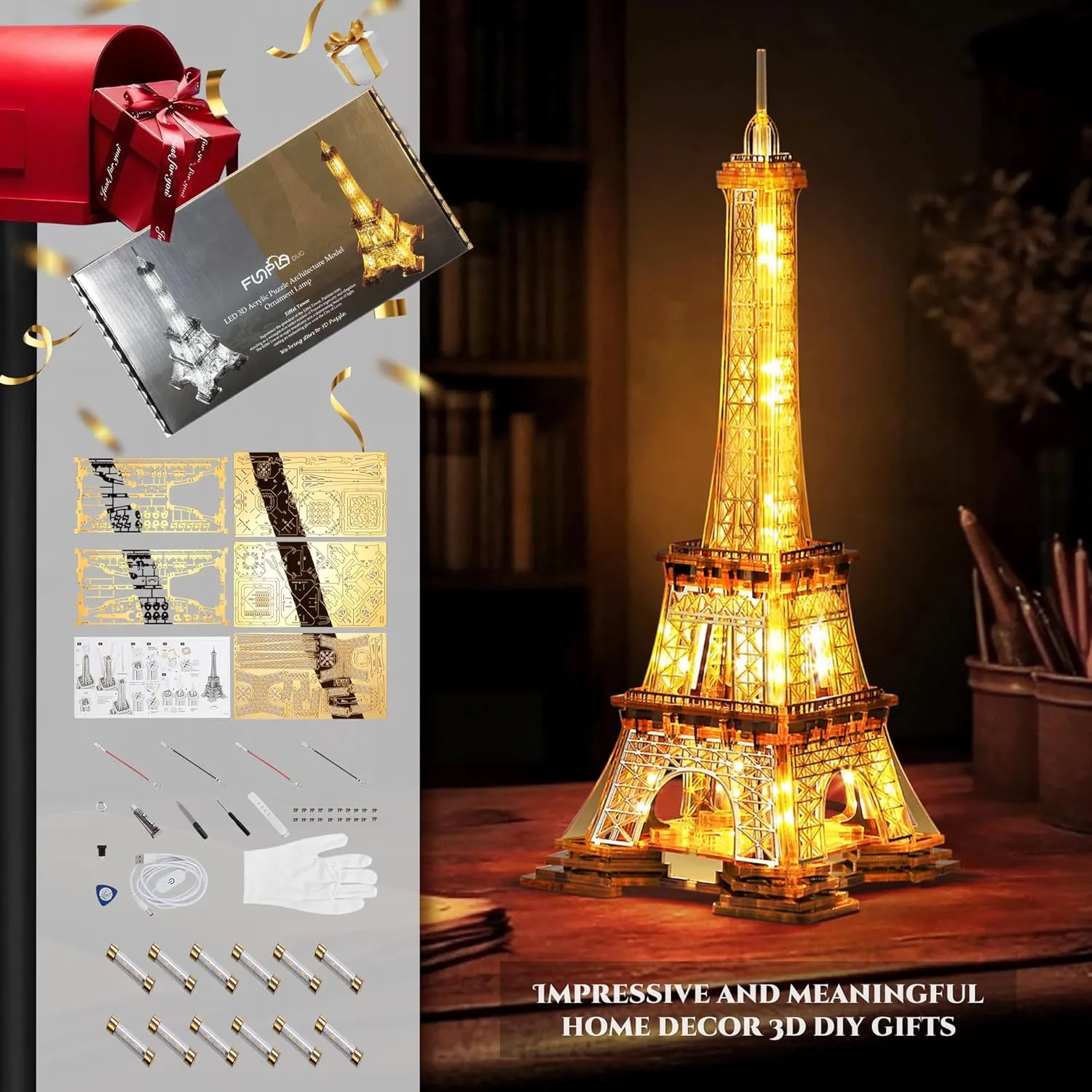LED 3D Puzzle Eiffel Tower Building Model - 3D Architecture Building Model - Landmark of Paris at Night - 3D Acrylic Puzzle Décor Lamp DIY Ornament Nightlight(Standard,Gold)