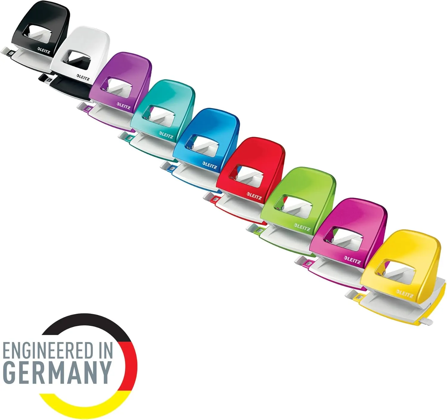 Leitz Hole Punch, 30 Sheets, Guide Bar with Format Markings, Metal, Wow Range, 50081023 - Metallic Pink
