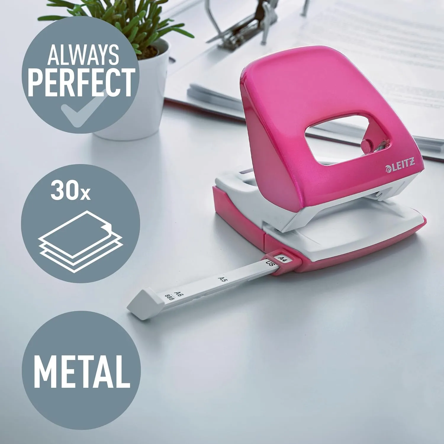 Leitz Hole Punch, 30 Sheets, Guide Bar with Format Markings, Metal, Wow Range, 50081023 - Metallic Pink