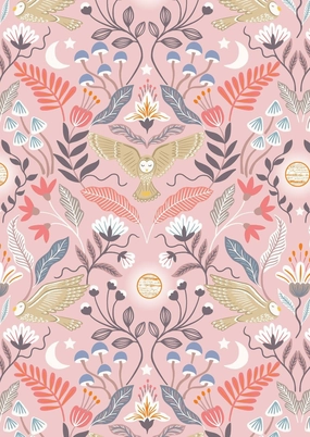 Lewis & Irene Enchanted Fabric Collection Metallic Copper Enchanted Owl on Pink A547.1