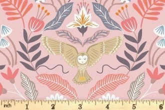 Lewis & Irene Enchanted Fabric Collection Metallic Copper Enchanted Owl on Pink A547.1