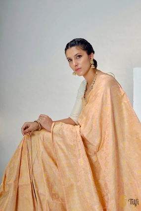 Light Peach Pure Soft Satin Silk Banarasi Handloom Saree