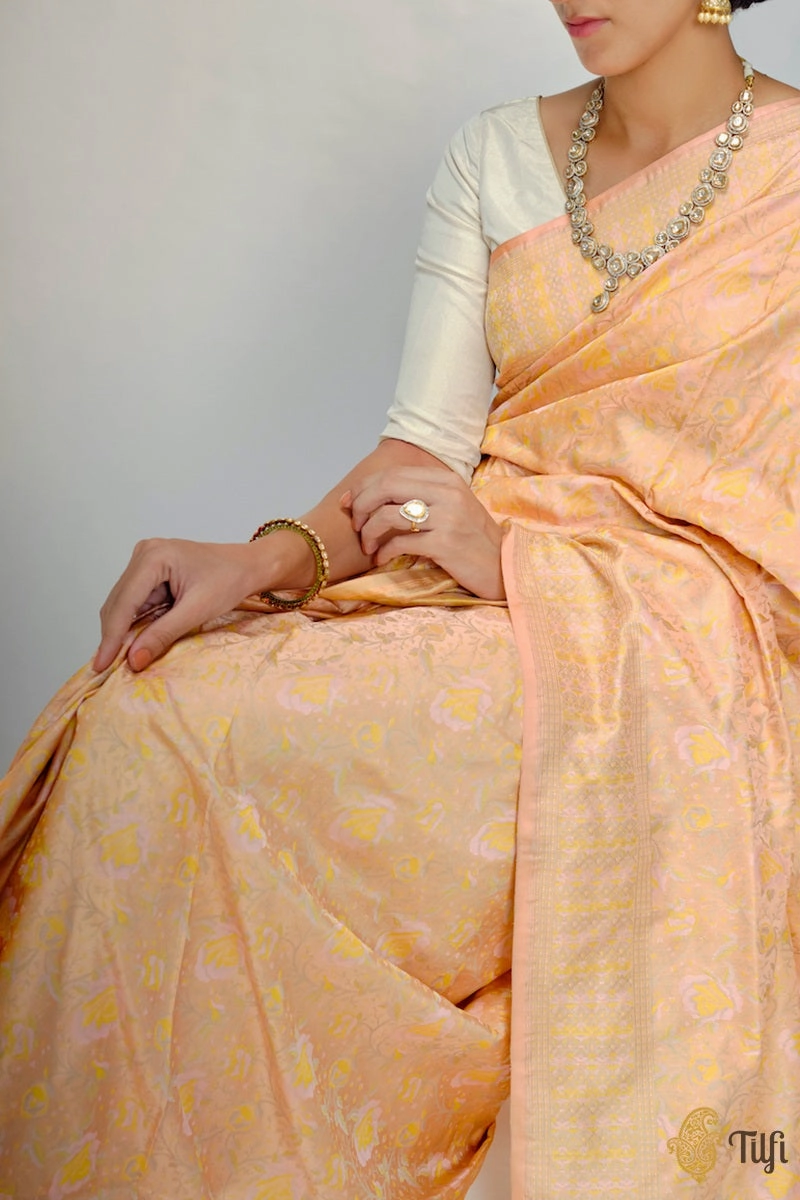 Light Peach Pure Soft Satin Silk Banarasi Handloom Saree
