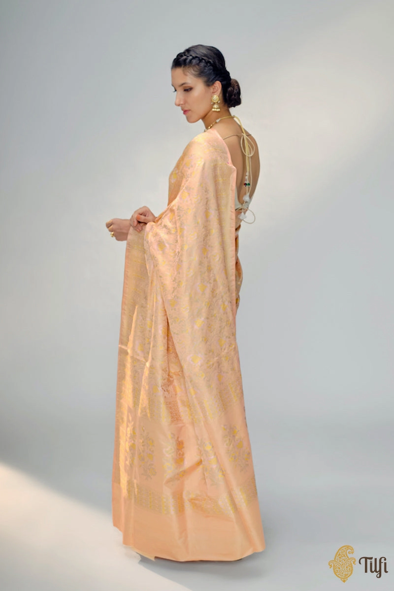 Light Peach Pure Soft Satin Silk Banarasi Handloom Saree
