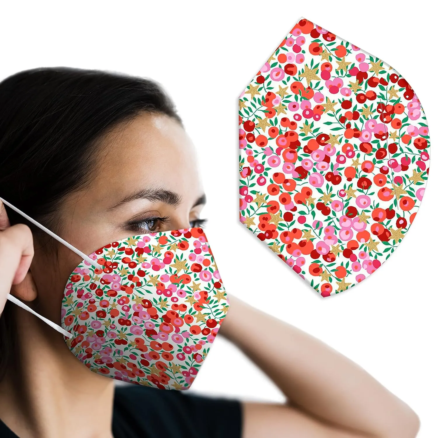 Lightweight KN95 Face Mask Cover for ear loop KN95 masks - Liberty London Wiltshire Star Red & Pink Sparkle - Single layer bonded fabric - No extra loops!