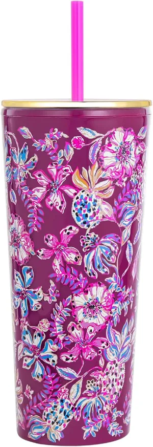 Lilly Pulitzer Double Wall Tumbler with Lid and Reusable Straw, Insulated Travel Cup Holds 24 Ounces, Amarena Cherry