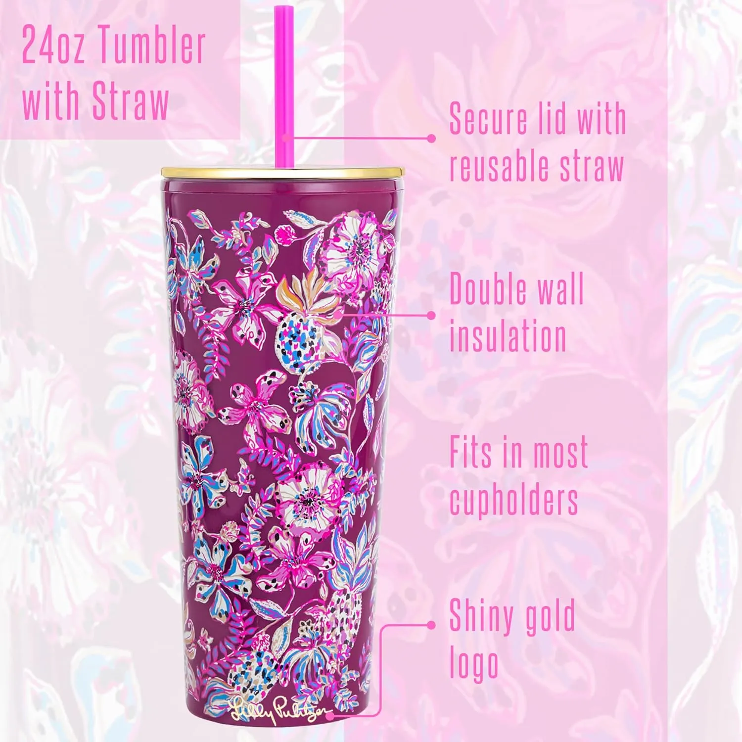 Lilly Pulitzer Double Wall Tumbler with Lid and Reusable Straw, Insulated Travel Cup Holds 24 Ounces, Amarena Cherry