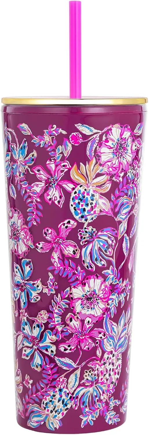 Lilly Pulitzer Double Wall Tumbler with Lid and Reusable Straw, Insulated Travel Cup Holds 24 Ounces, Amarena Cherry