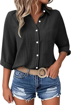 Linen Cotton Shirts for Women Casual Rolled Sleeve Button Down Blouses Summer Solid Color Business Blouse Work Tops