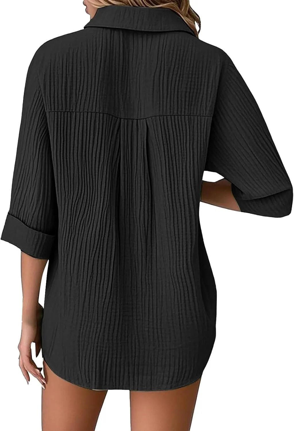 Linen Cotton Shirts for Women Casual Rolled Sleeve Button Down Blouses Summer Solid Color Business Blouse Work Tops