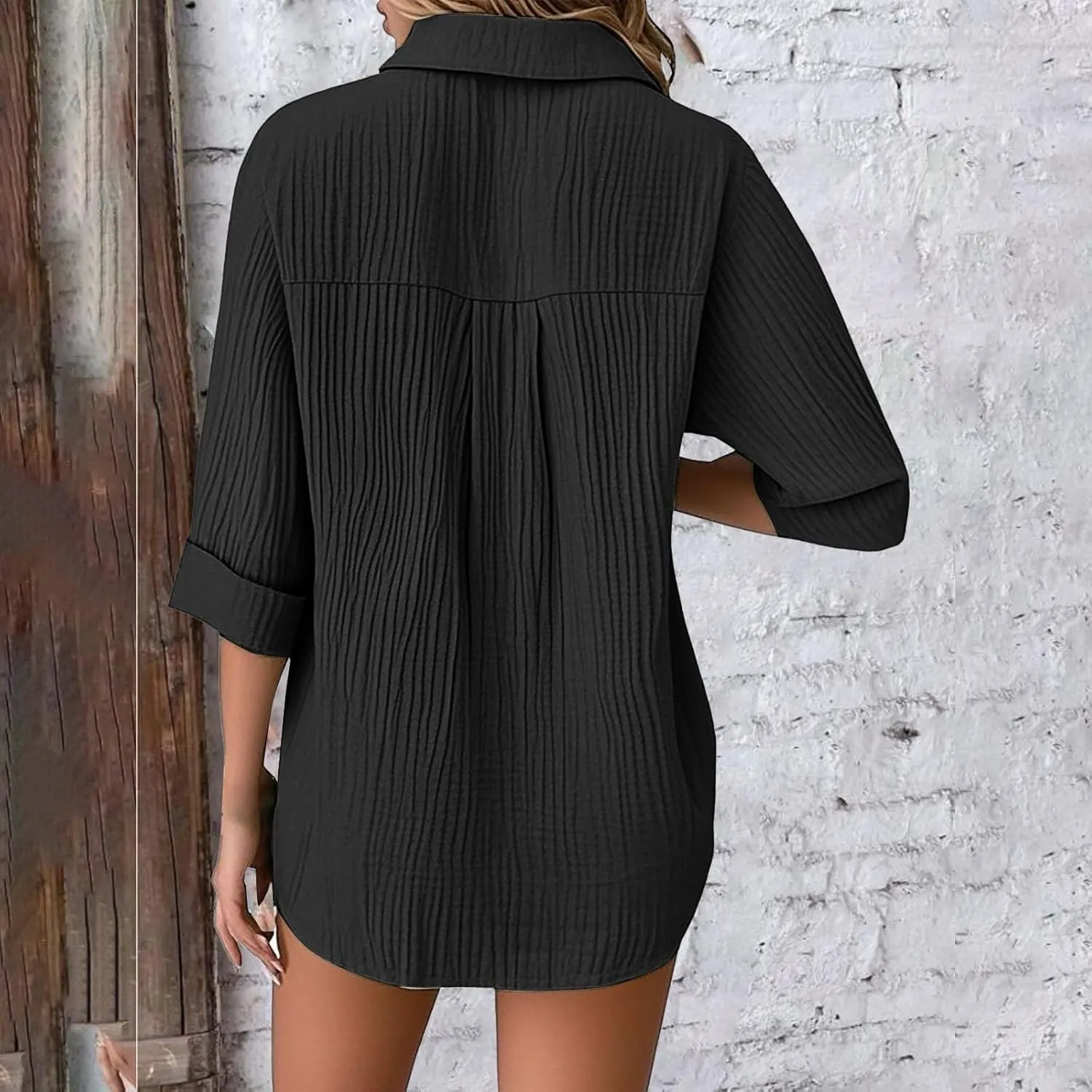 Linen Cotton Shirts for Women Casual Rolled Sleeve Button Down Blouses Summer Solid Color Business Blouse Work Tops