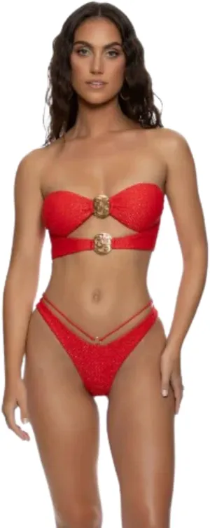 Luli Fama Women's Sunkiss Glow Stappy Loop Brazilian Scrunch Bottom, Red