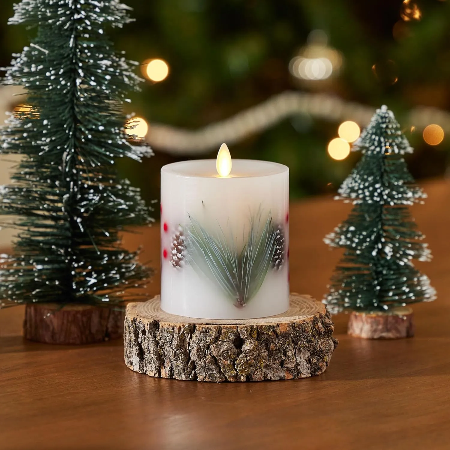 Luminara Embedded Flameless LED Candle - Pine Berries 3.5" x 4.5" - Moving Flame Pillar, Battery Operated Timer, Real Wax, Unscented, Safe
