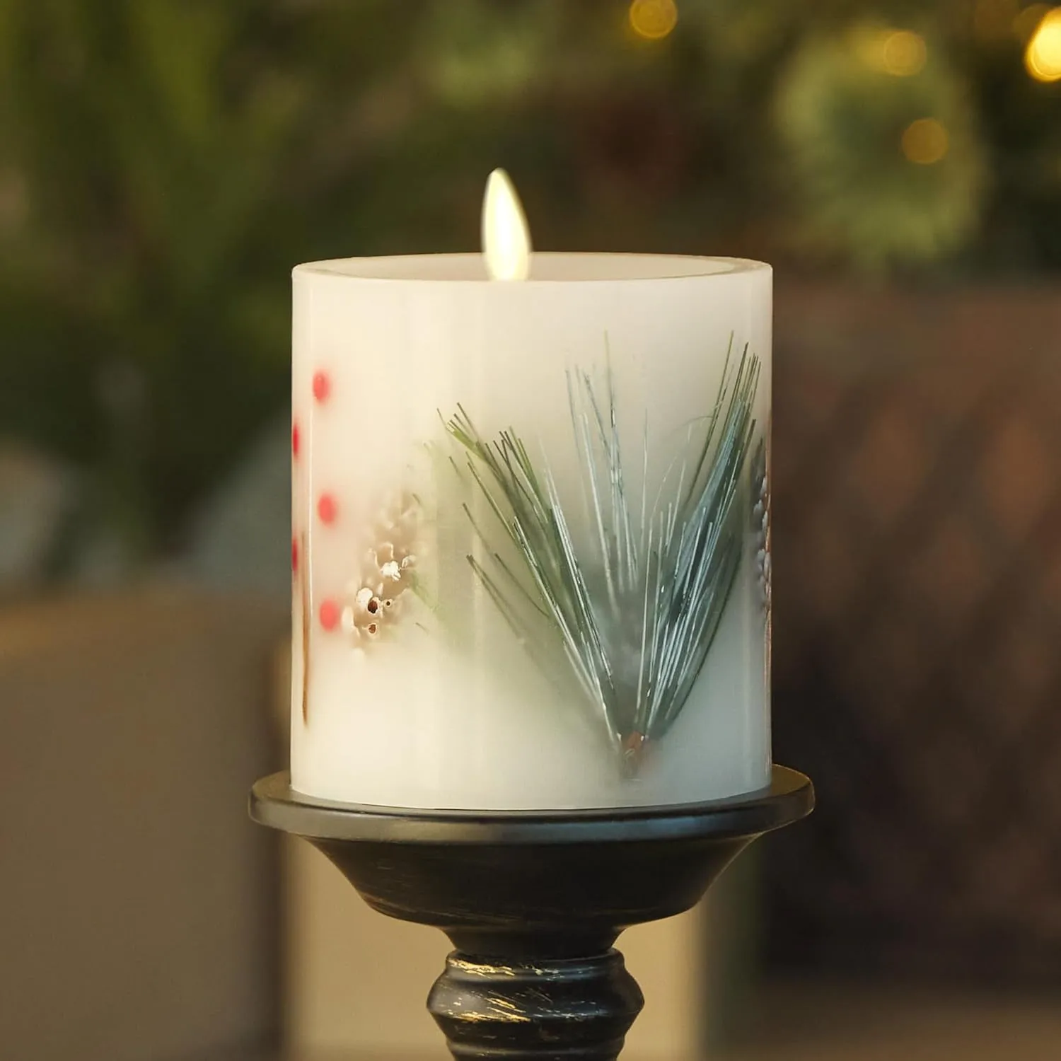 Luminara Embedded Flameless LED Candle - Pine Berries 3.5" x 4.5" - Moving Flame Pillar, Battery Operated Timer, Real Wax, Unscented, Safe
