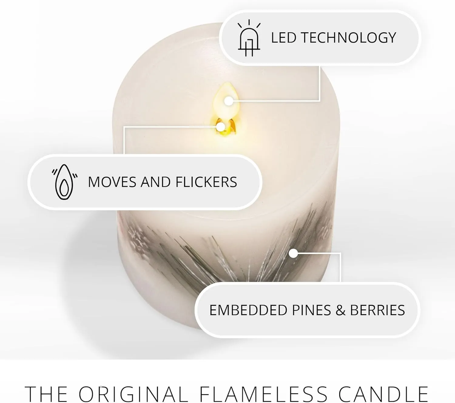 Luminara Embedded Flameless LED Candle - Pine Berries 3.5" x 4.5" - Moving Flame Pillar, Battery Operated Timer, Real Wax, Unscented, Safe