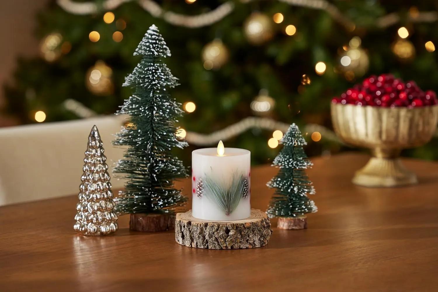 Luminara Embedded Flameless LED Candle - Pine Berries 3.5" x 4.5" - Moving Flame Pillar, Battery Operated Timer, Real Wax, Unscented, Safe