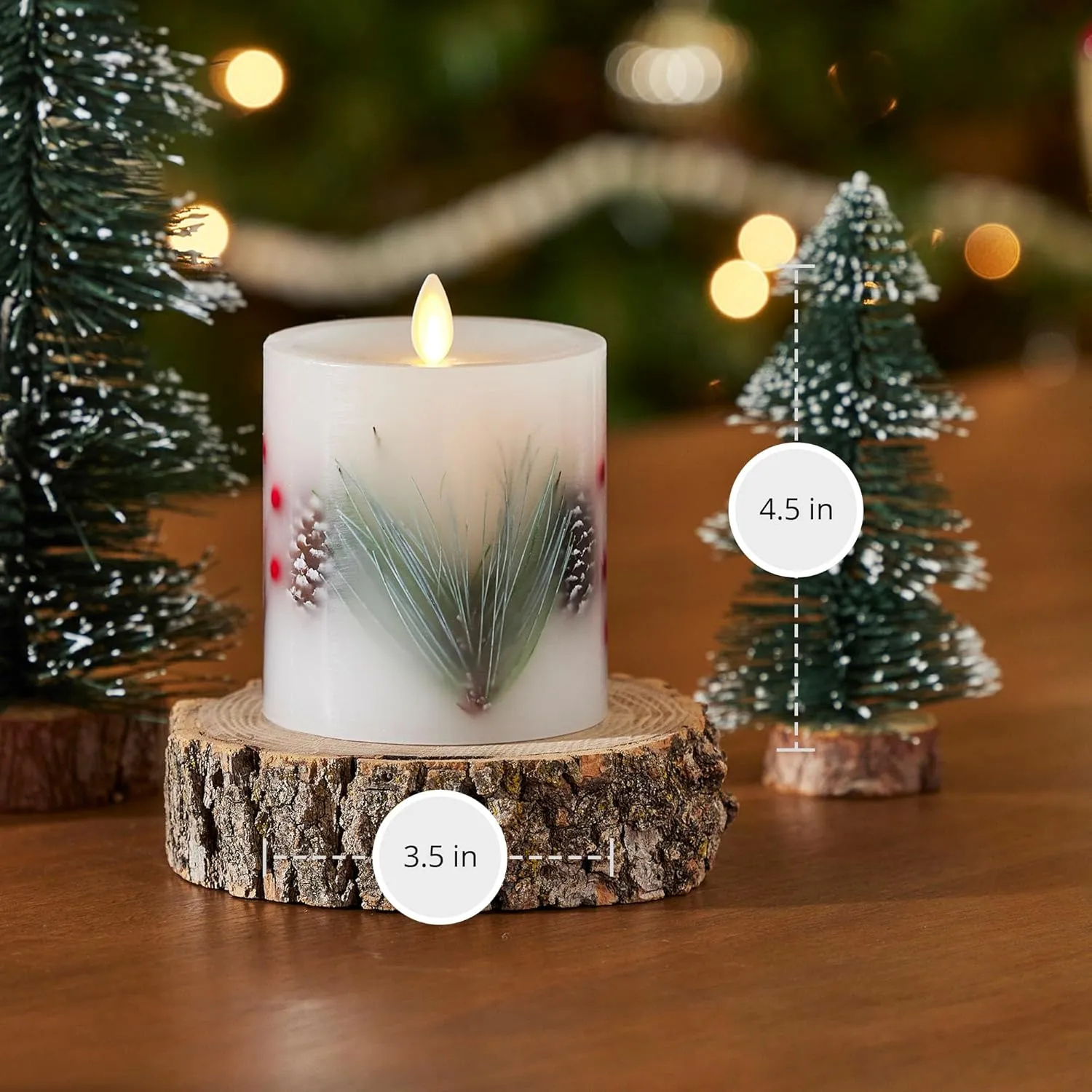 Luminara Embedded Flameless LED Candle - Pine Berries 3.5" x 4.5" - Moving Flame Pillar, Battery Operated Timer, Real Wax, Unscented, Safe