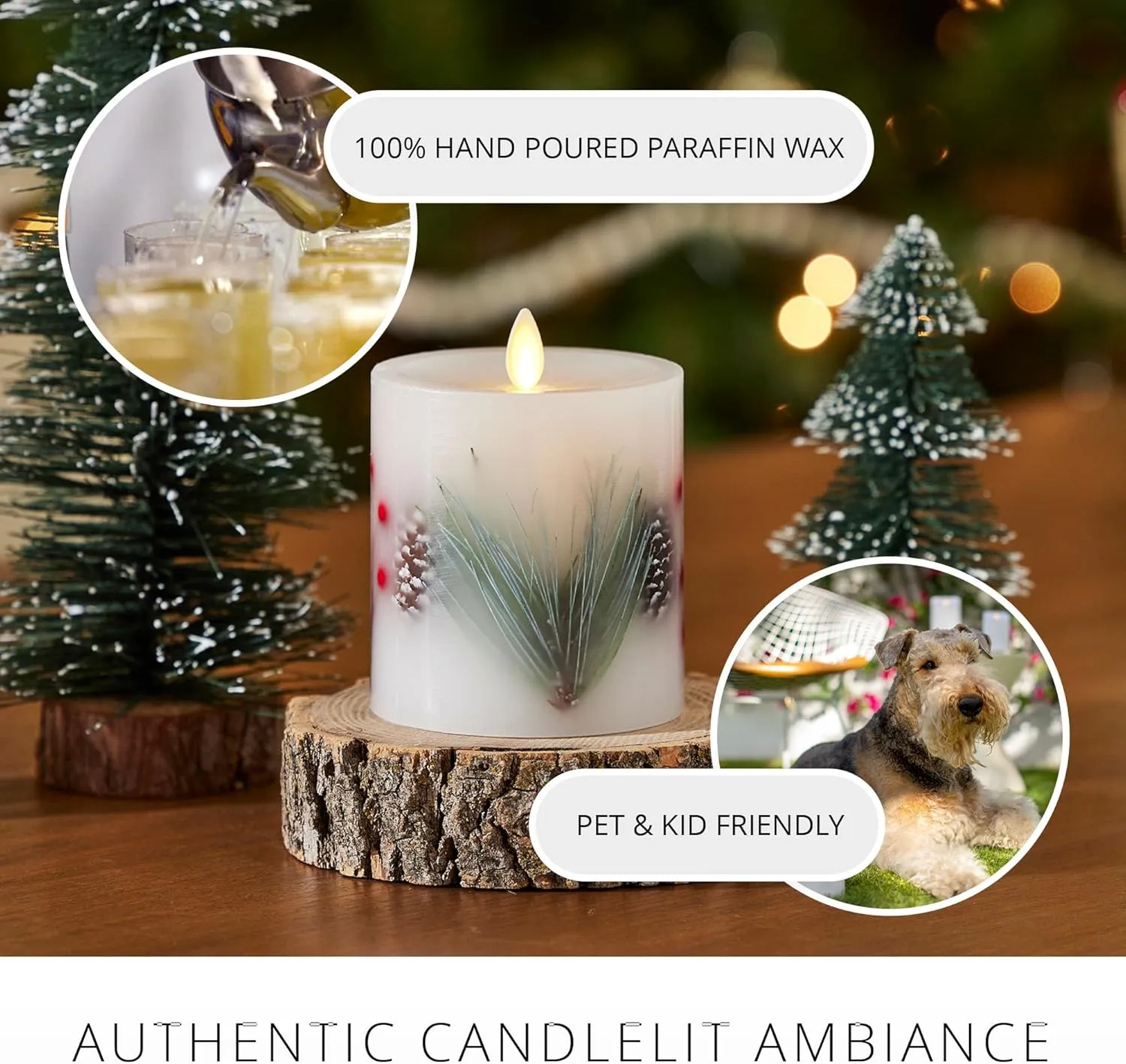 Luminara Embedded Flameless LED Candle - Pine Berries 3.5" x 4.5" - Moving Flame Pillar, Battery Operated Timer, Real Wax, Unscented, Safe