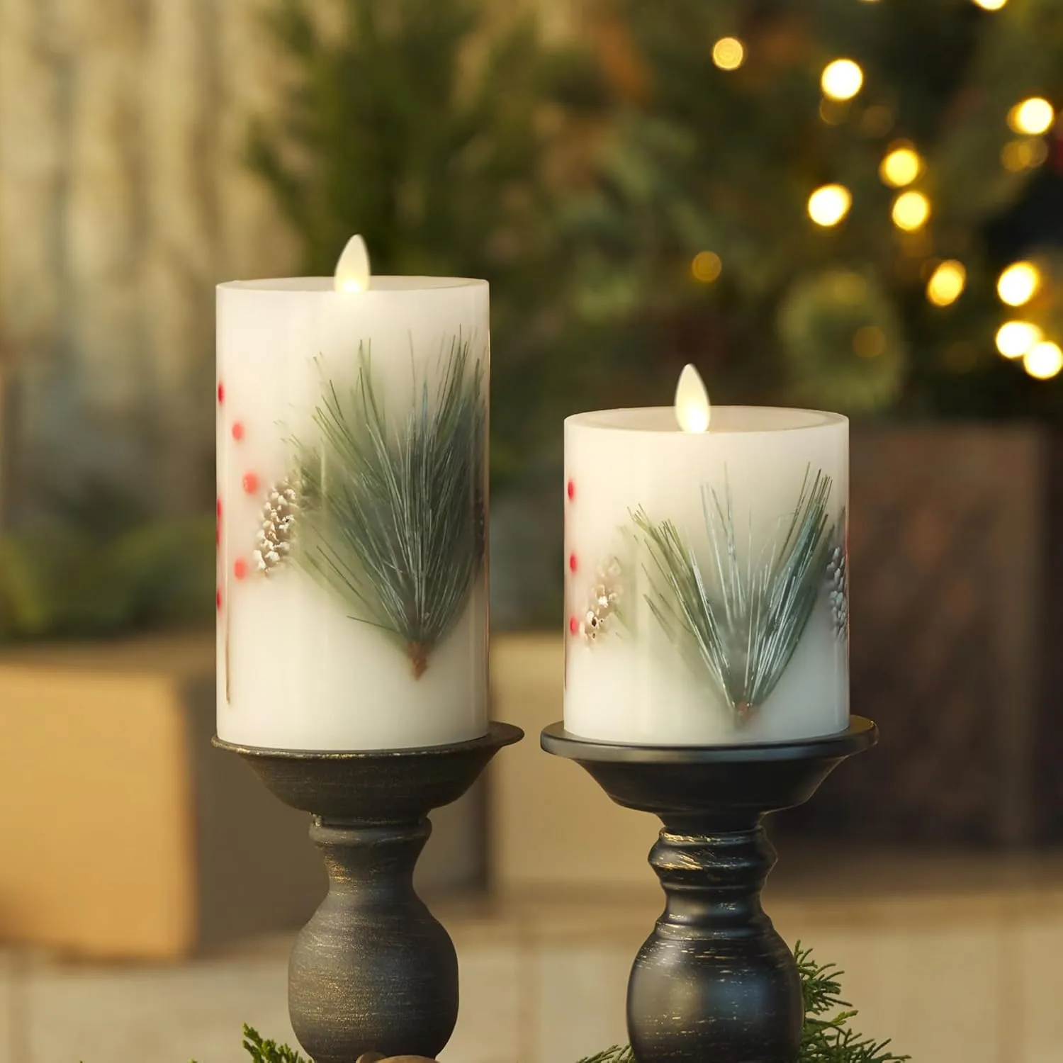 Luminara Embedded Flameless LED Candle - Pine Berries 3.5" x 4.5" - Moving Flame Pillar, Battery Operated Timer, Real Wax, Unscented, Safe