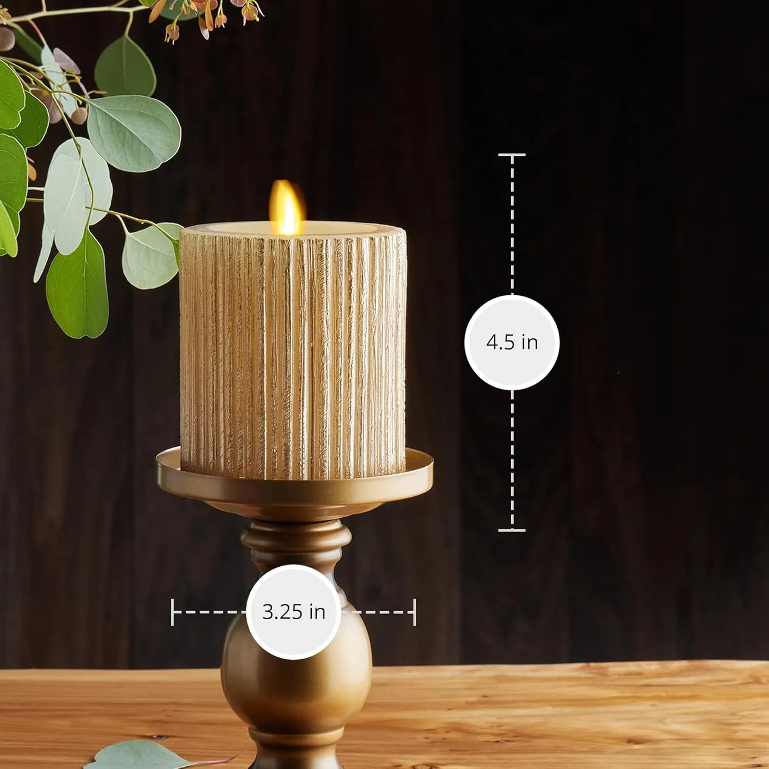 Luminara Metallic Embossed Pillar, Champagne Flameless LED Candle 3.25" x 4.5", Battery Operated Real Flame Technology w/Timer Function, Paraffin Wax