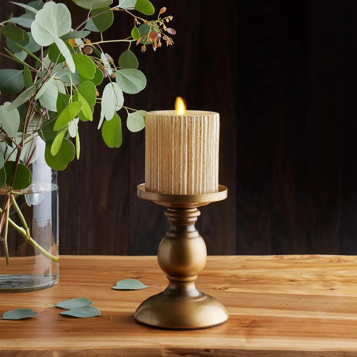 Luminara Metallic Embossed Pillar, Champagne Flameless LED Candle 3.25" x 4.5", Battery Operated Real Flame Technology w/Timer Function, Paraffin Wax