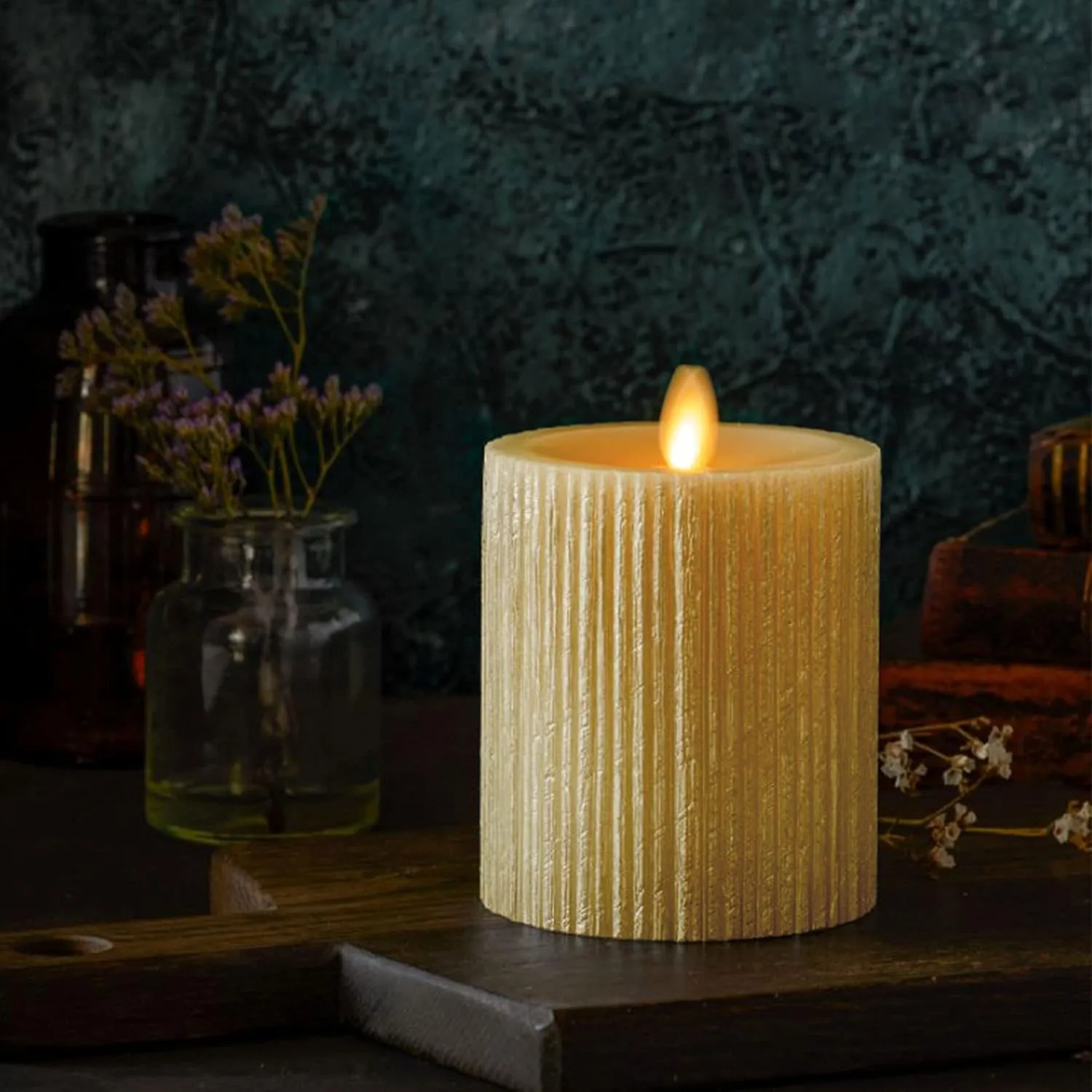 Luminara Metallic Embossed Pillar, Champagne Flameless LED Candle 3.25" x 4.5", Battery Operated Real Flame Technology w/Timer Function, Paraffin Wax