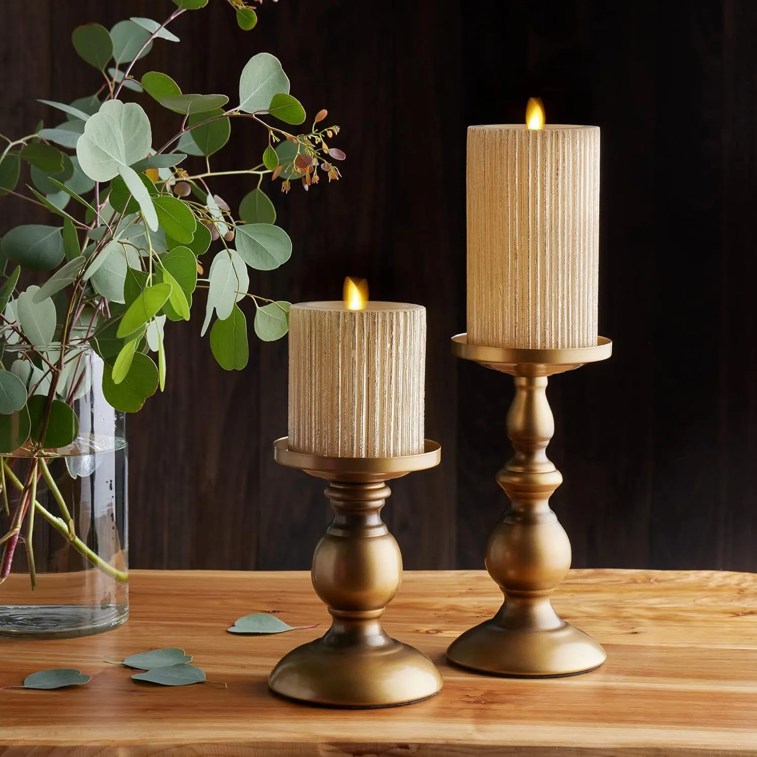Luminara Metallic Embossed Pillar, Champagne Flameless LED Candle 3.25" x 4.5", Battery Operated Real Flame Technology w/Timer Function, Paraffin Wax