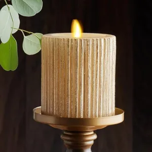Luminara Metallic Embossed Pillar, Champagne Flameless LED Candle 3.25" x 4.5", Battery Operated Real Flame Technology w/Timer Function, Paraffin Wax
