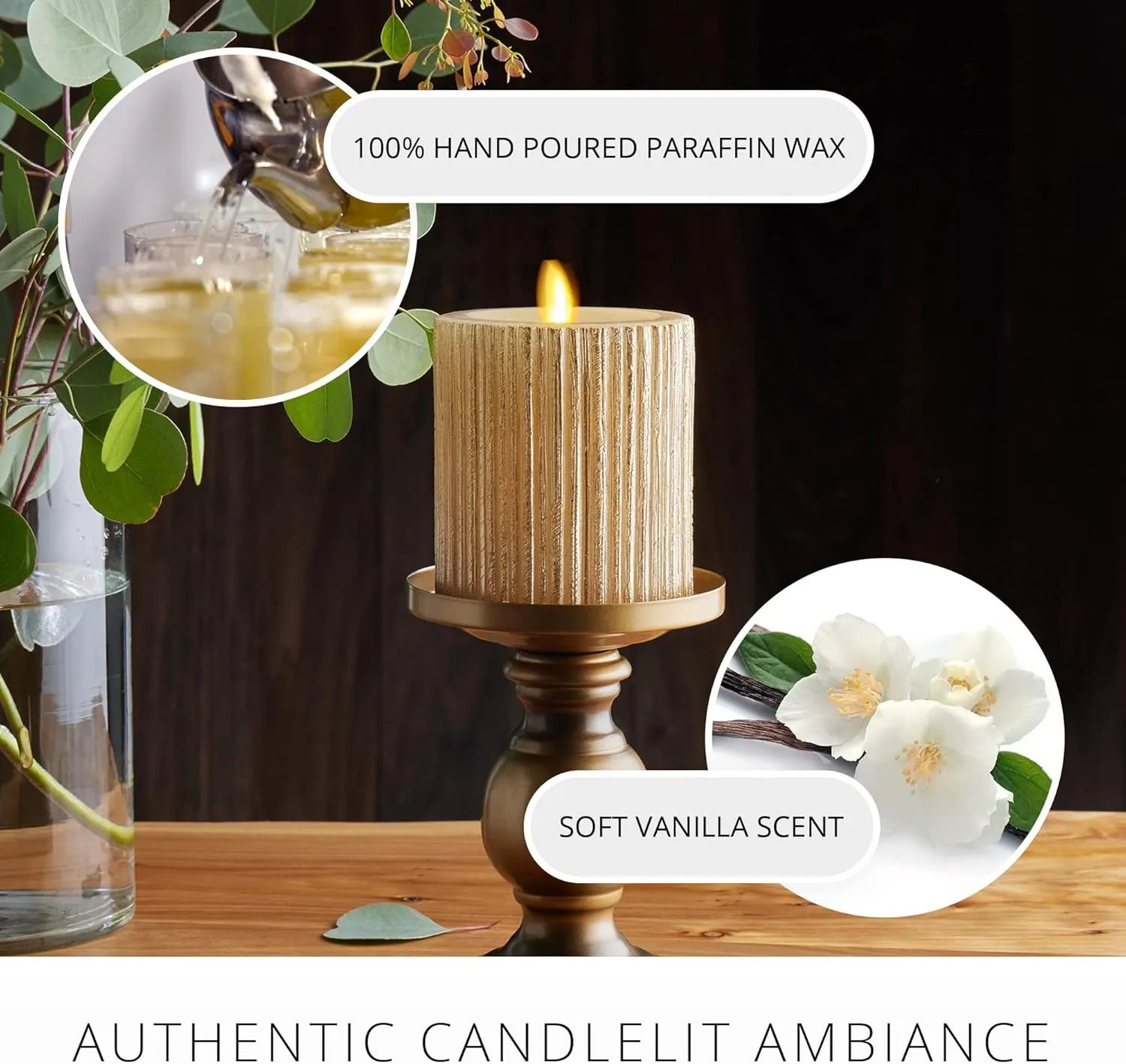 Luminara Metallic Embossed Pillar, Champagne Flameless LED Candle 3.25" x 4.5", Battery Operated Real Flame Technology w/Timer Function, Paraffin Wax