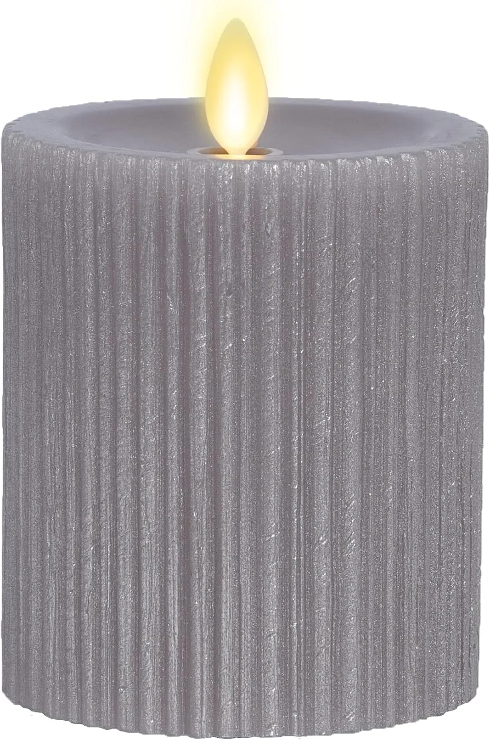 Luminara Metallic Embossed Pillar, Grey Flameless LED Candle 3.25" x 4.5", Battery Operated Real Flame Technology w/Timer Function, Paraffin Wax