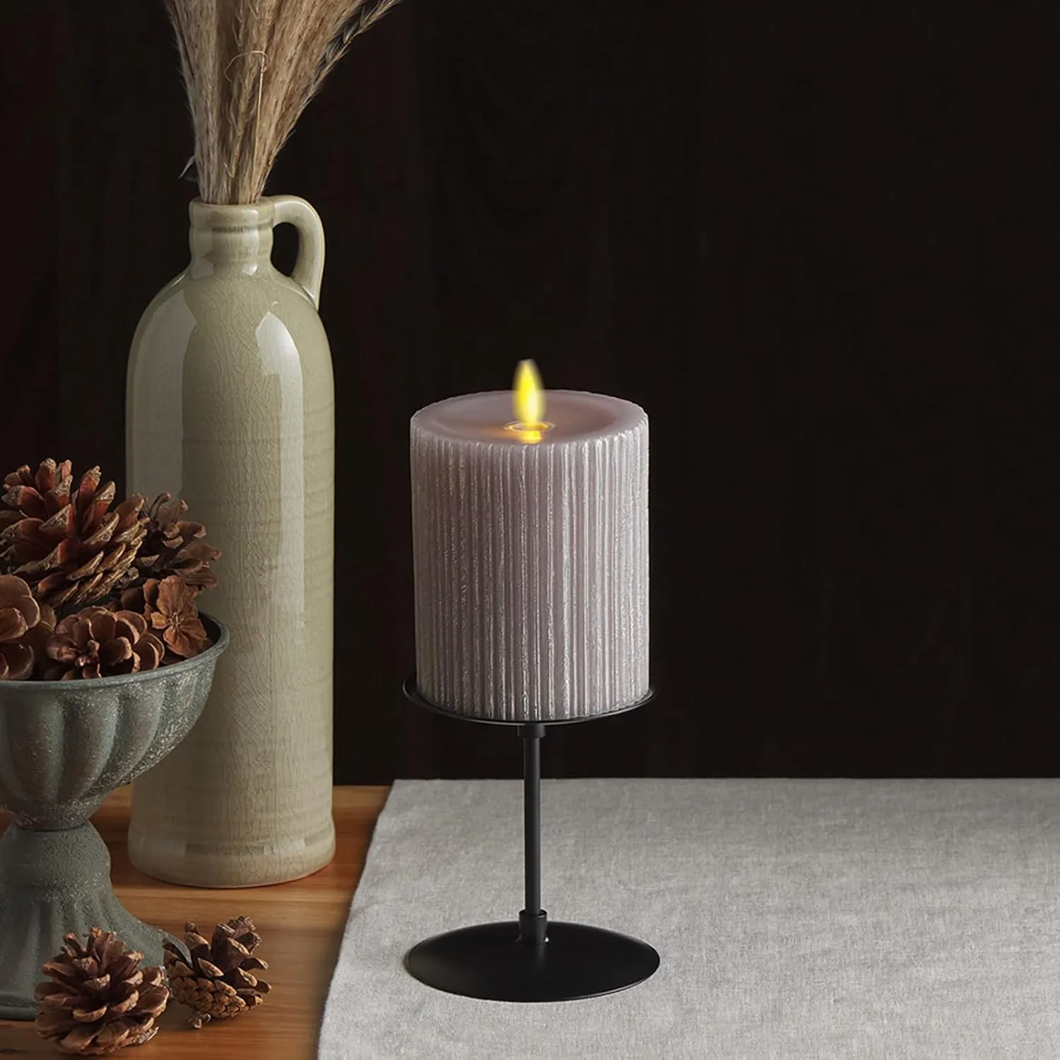 Luminara Metallic Embossed Pillar, Grey Flameless LED Candle 3.25" x 4.5", Battery Operated Real Flame Technology w/Timer Function, Paraffin Wax
