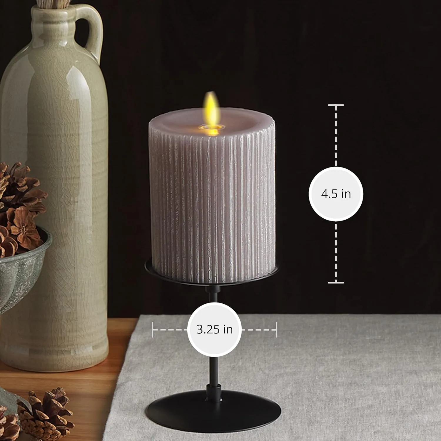 Luminara Metallic Embossed Pillar, Grey Flameless LED Candle 3.25" x 4.5", Battery Operated Real Flame Technology w/Timer Function, Paraffin Wax