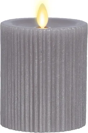 Luminara Metallic Embossed Pillar, Grey Flameless LED Candle 3.25" x 4.5", Battery Operated Real Flame Technology w/Timer Function, Paraffin Wax