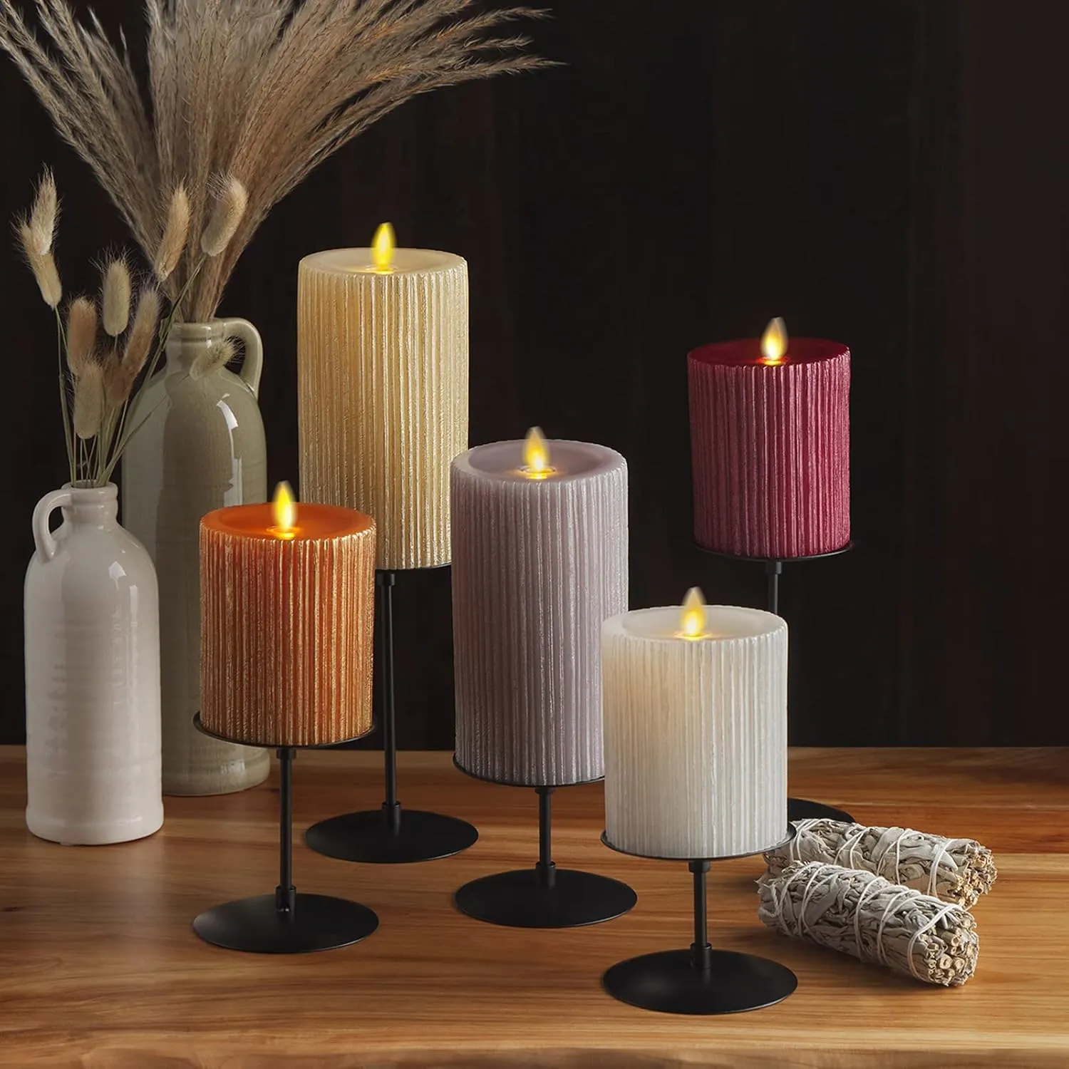 Luminara Metallic Embossed Pillar, Grey Flameless LED Candle 3.25" x 4.5", Battery Operated Real Flame Technology w/Timer Function, Paraffin Wax