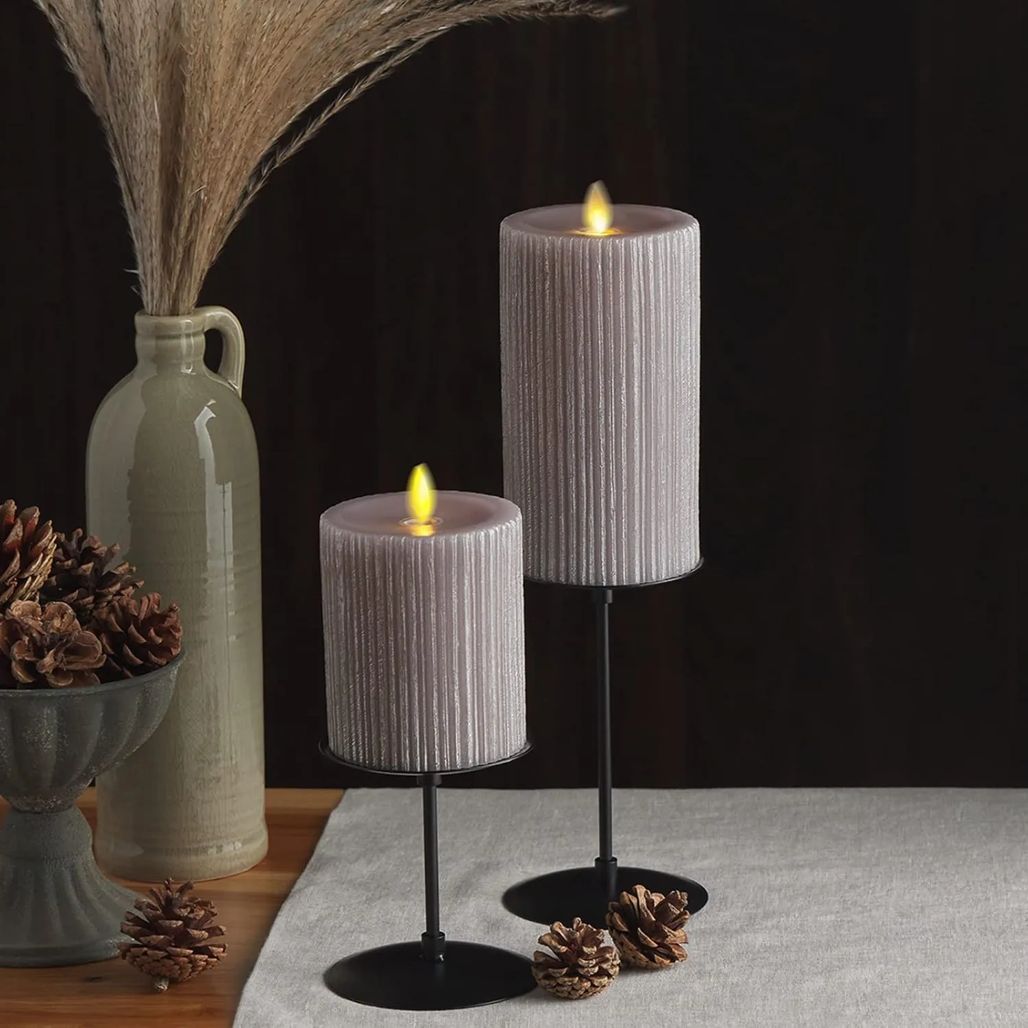 Luminara Metallic Embossed Pillar, Grey Flameless LED Candle 3.25" x 4.5", Battery Operated Real Flame Technology w/Timer Function, Paraffin Wax
