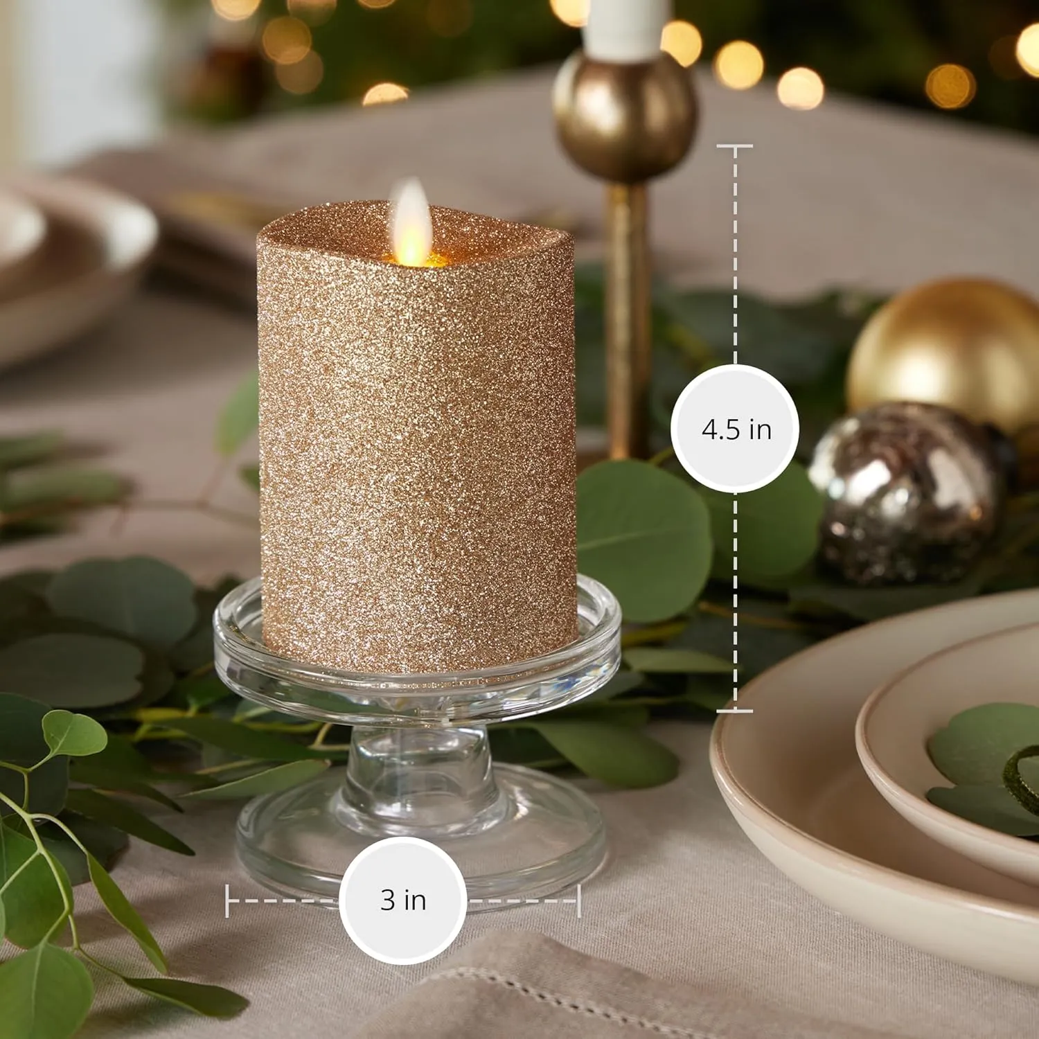Luminara Realistic LED Moving Flame Pillar Candle, Gold Metallic Glitter, 3" x 4" Inch, Battery Operated w/Remote, Indoor Outdoor, Timer Function